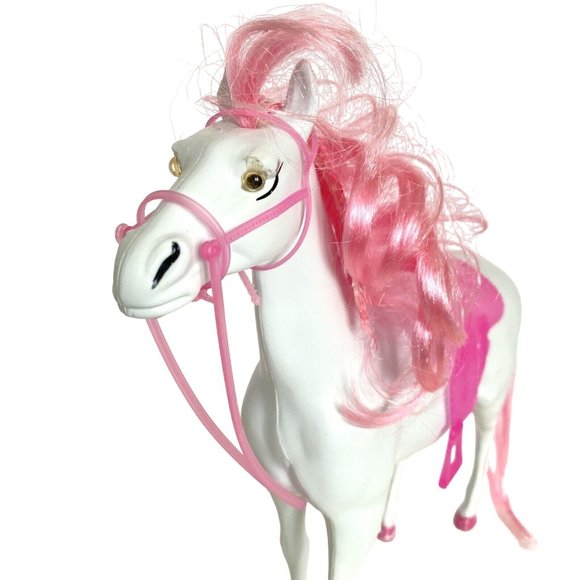 White Blow Mold Horse With Pink Hair Hooves Saddle Bridle 11in Tall - Picture 2 of 16